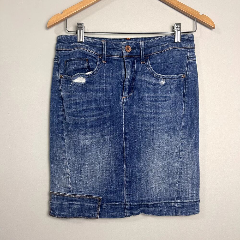 Anthro Pilcro Denim Skirt Jean Mini Distressed Boho size 27P 27 Anthropologie